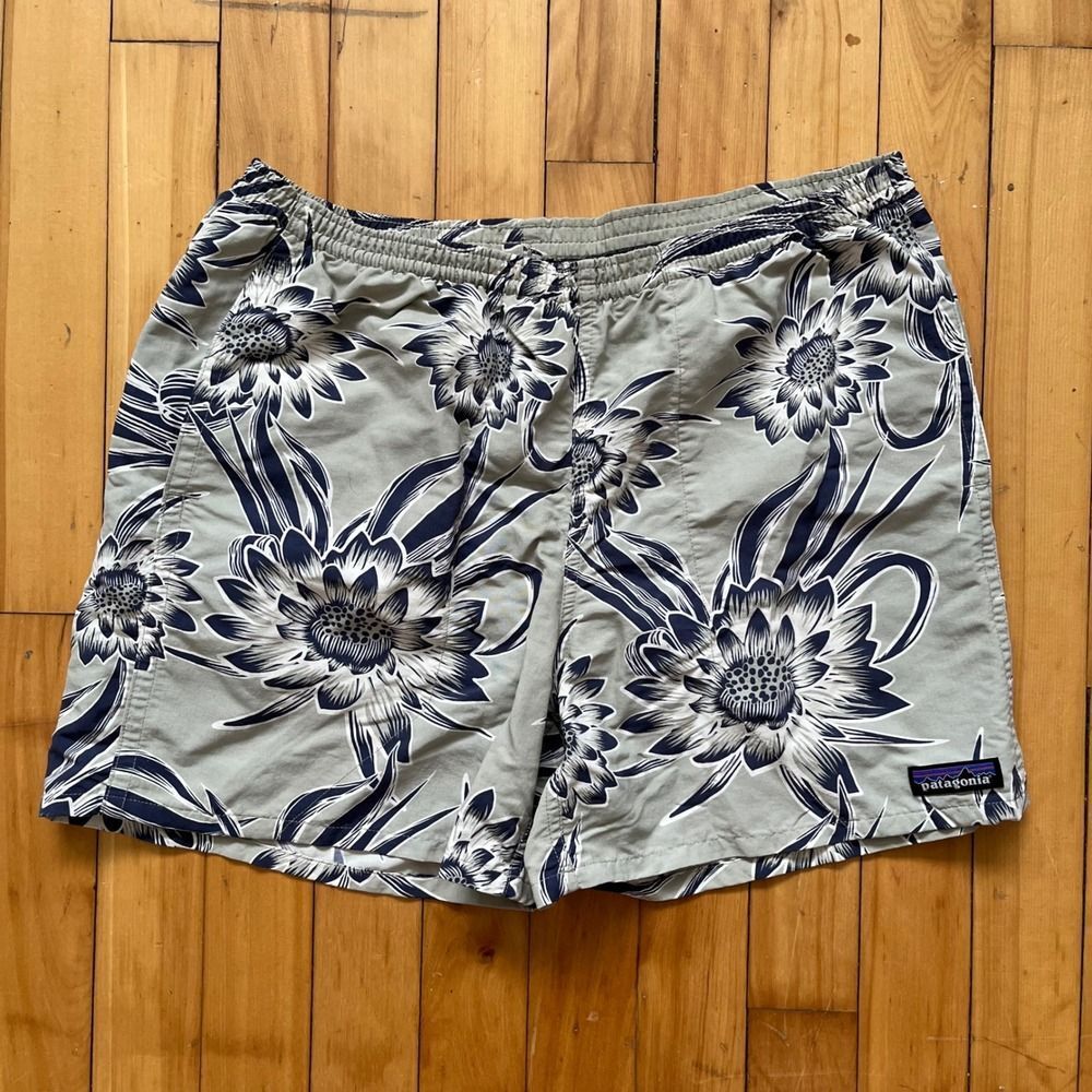 Patagonia Floral Swim Trunks Shorts Men's Size S Gray Navy Blue Sunflowers